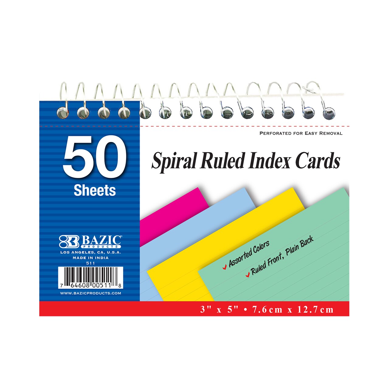 BAZIC Colored Ruled Index Cards, 3 x 5 in, Spiral Bound, Sturdy Card Stock